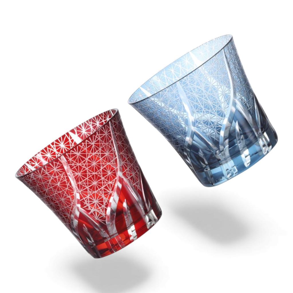Dinner Luxe Cut Glass Pair Cups 240cc Ranbori Komon Red Ink Blue Kouga Takumi-fu 94xH85mm & PNO.331763