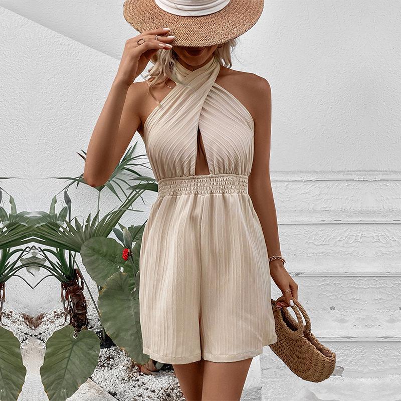 2026 Summer Elegant Cross Strap Halter Neck Backless Jumpsuit for Women
