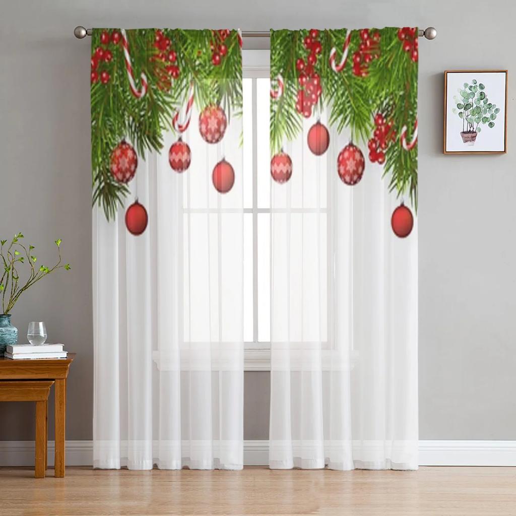 Farmhouse Christmas Ball Curtain Living Room Cafe Xmas Gifts Balls Window Curtains Kitchen Bedroom Outdoor Yard Sheer Polyester Ideal For