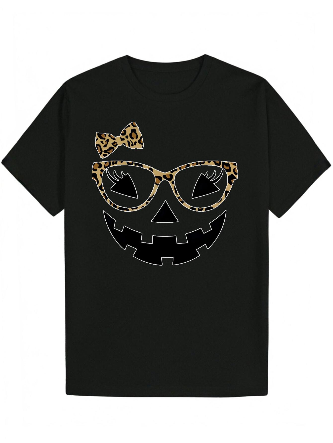 

Short Sleeve T-shirt - Black Animal Print Graphic Tee with Leopard Glasses & Bow Design XXL