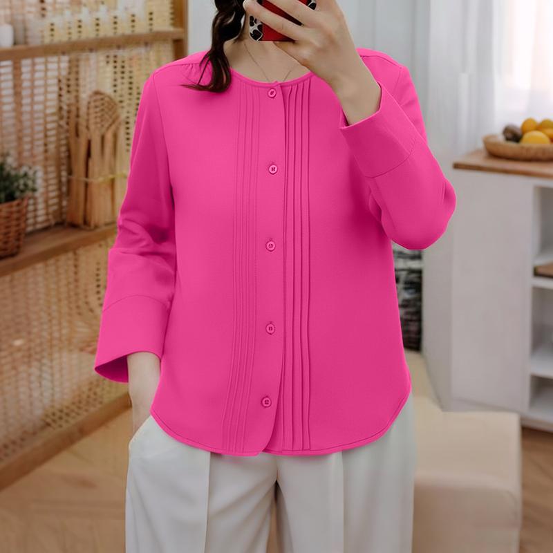 ZANZEA Damen Freizeit Rundhals Einfarbig 3/4 Ärmel Bluse