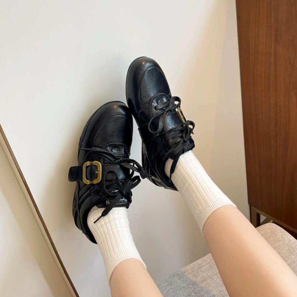 Jinlan leather women's early autumn new retro versatile lace-up belt buckle small leather shoes