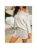 Women's Two Piece Knit Lounge Set Off Shoulder Top and Shorts Matching Cute Pajama Outfit
