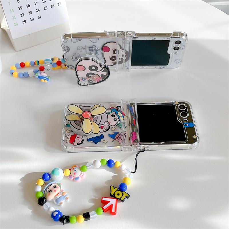 3D Anime Cute Cartoon Crayon Shin-chan Bracket Clear Folding Phone Case For Samsung ZFlip 3 4 5 6 7 Shin-chan Shake Holder Cover