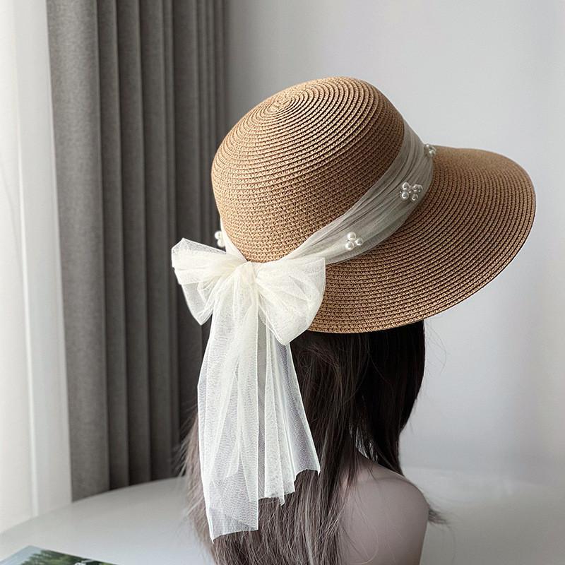 

Fashionable Wide Brim Sun Hat For Women Summer Retro Japanese Style Pearl Mesh Beach Cap хакі