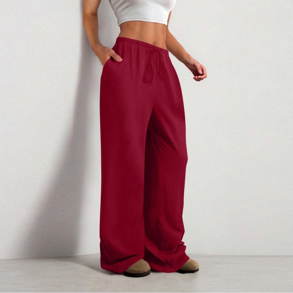 Calças Femininas de Cintura Alta Ajustáveis com Nó, Fluidas de Algodão e Linho, Calças de Perna Larga