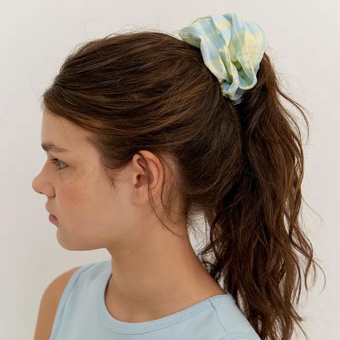 Vintage Check Plaid Scrunchie - Sky Sorbet