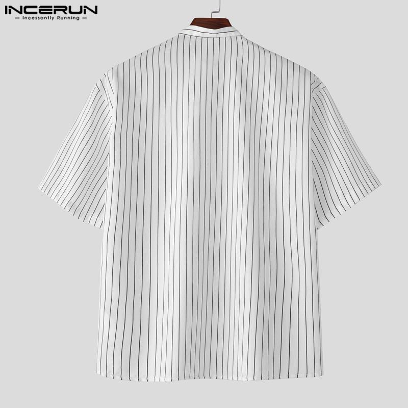 INCERUN Men Short Sleeve Henley Shirt Striped Loose Casual Tops