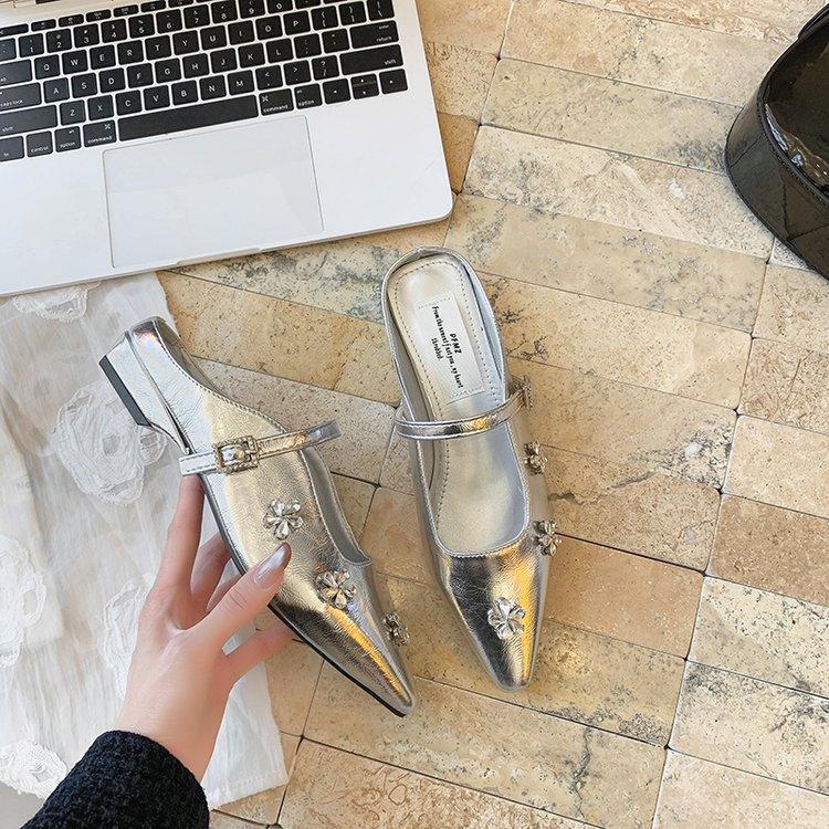 [Ushilai] French flower rhinestone bag head half slippers women wear square head commuting versatile cool slippers