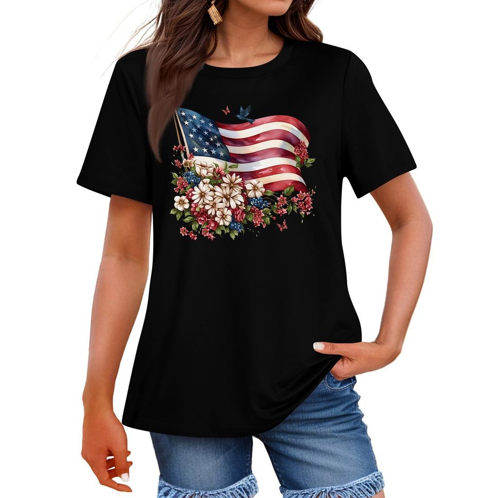 Women's Fashion Independence Day  Printed Round Neck Short Sleeved Casual T-shirt Top