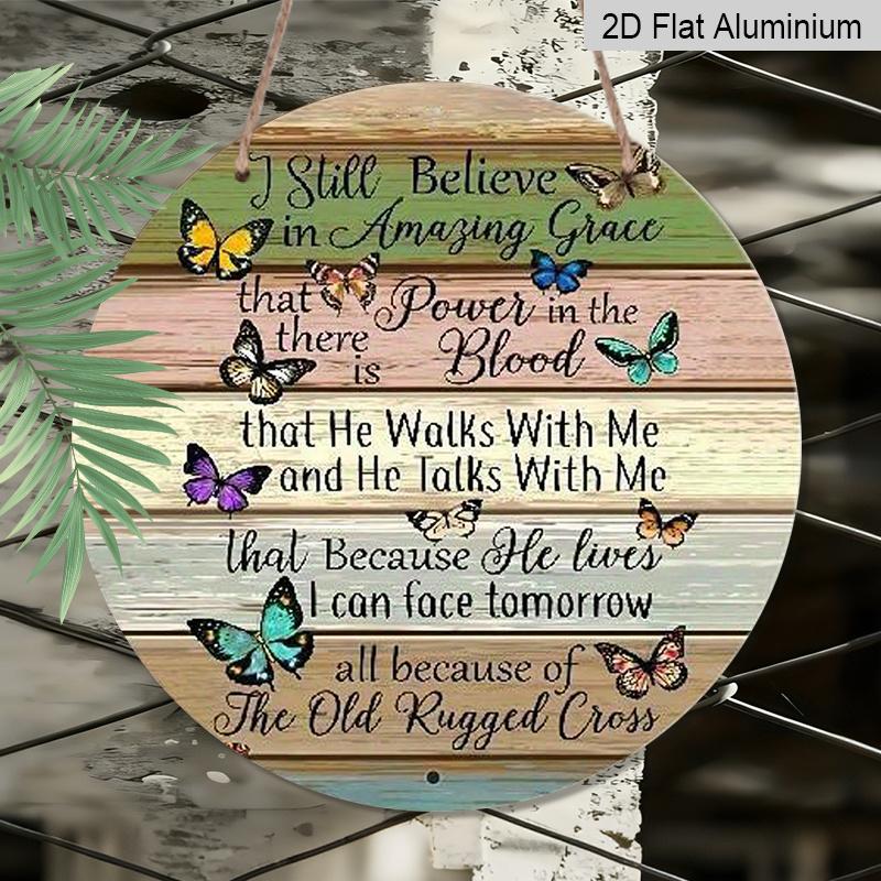 2D Flat, 1pc Round Aluminum Sign, "Amazing Grace" Christian Hymn Quote, Colorful Butterfly & Rustic Wood Design, Metal Wall Art, Ideal for Home