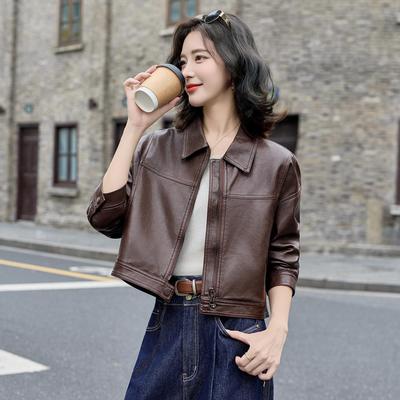 Women's Sheepskin Leather Motorcycle Jacket - Short, Loose Fit, Casual Lapel for Autumn & Winter Fashion
