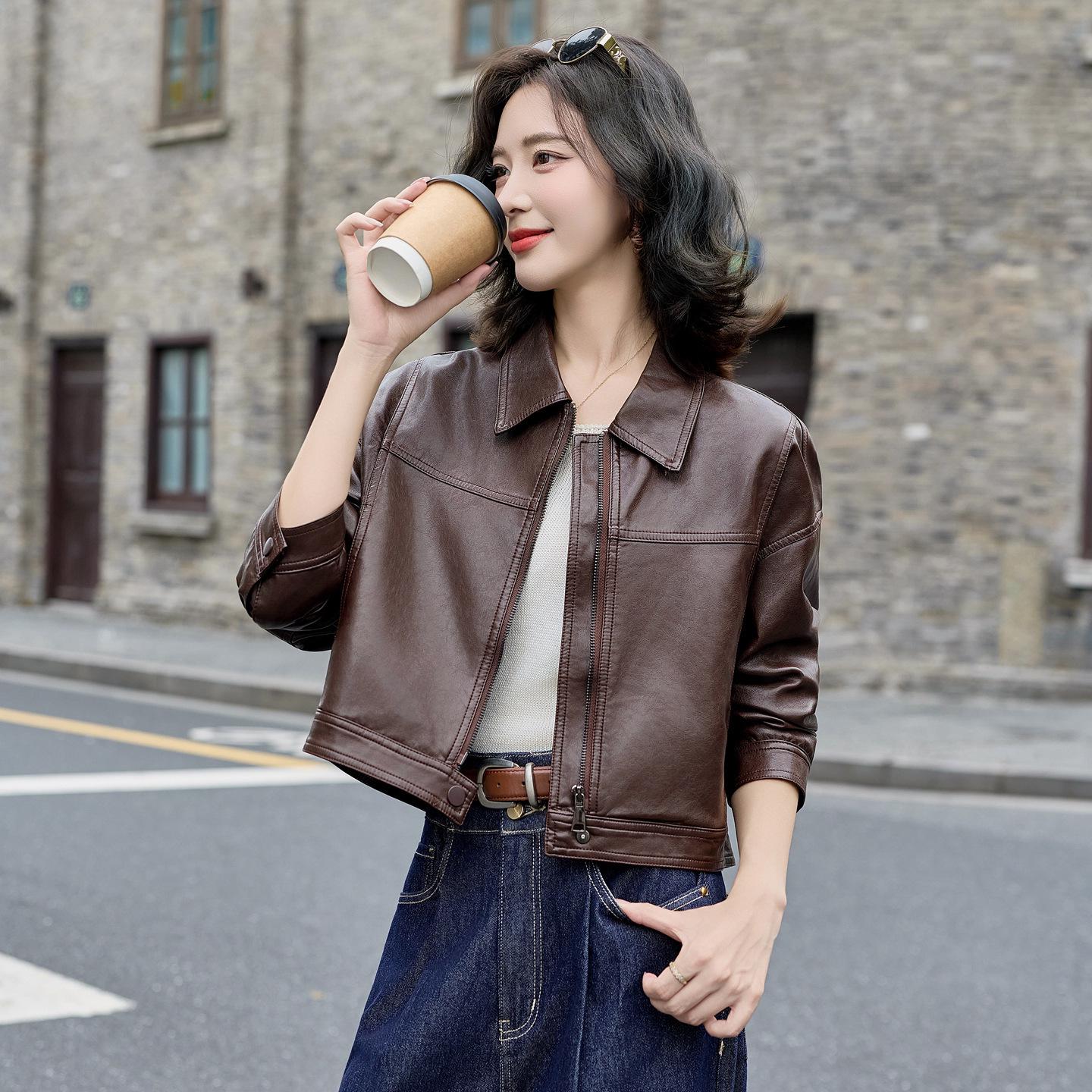 

Женская мотоциклетная куртка из овчины - Короткая, свободного кроя, повседневный лацкан для осенне-зимней моды Extra Large красный/кофейный