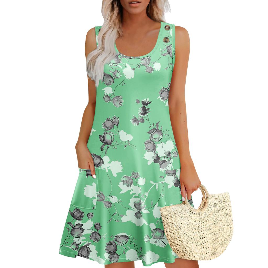 Summer Dresses For Women Beach Boho Sleeveless Printing Flowy Pocket Tshirt Tank Sundresses
