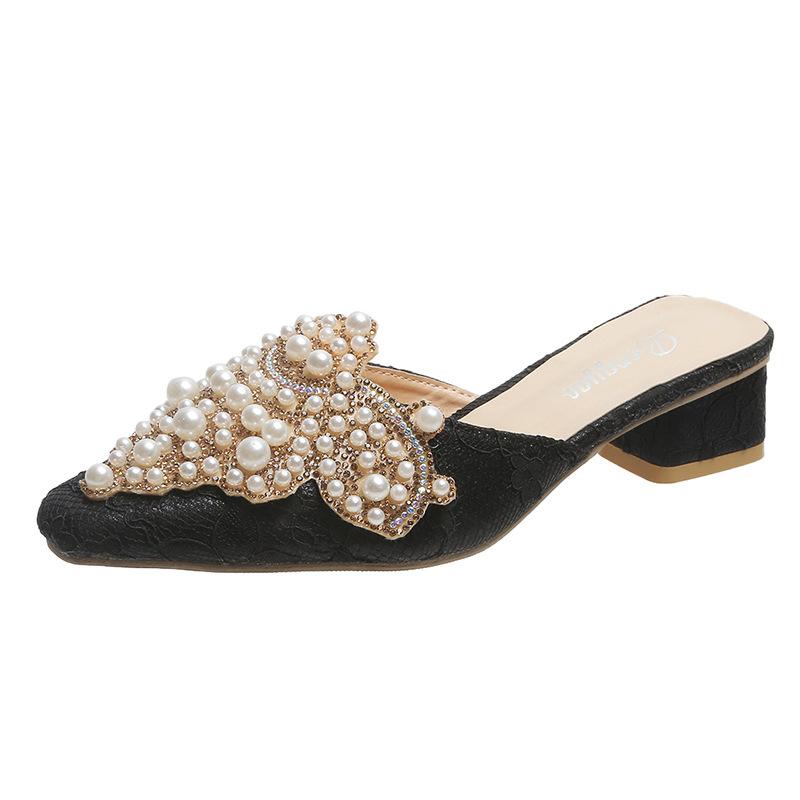 Luxury Pearl Ornaments Mules Slides Woman Elegant Point Toe Lace Sandals Ladies Chic String Bead Evening Party Flat Dress Shoes