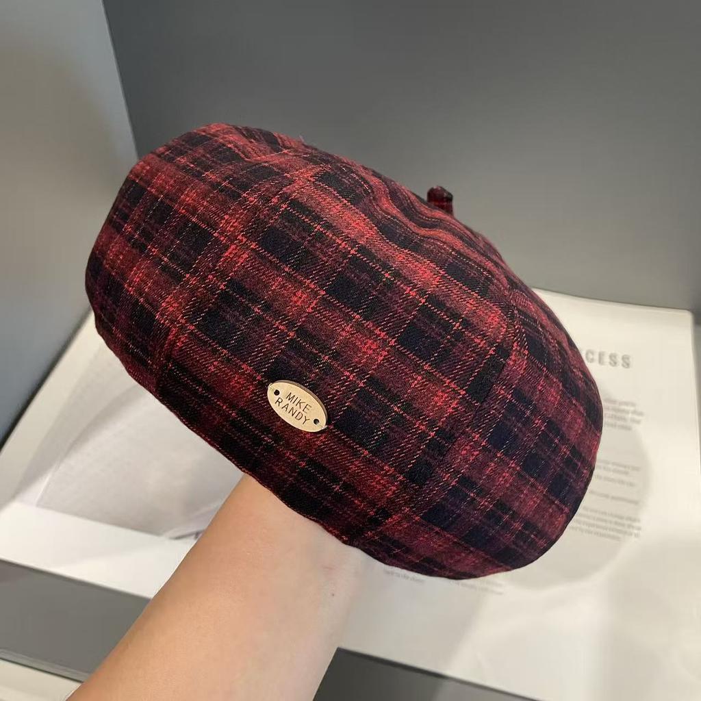 Plaid Painter's Hat Women's Autumn and Winter Retro Face showing Small Octagonal Hat Autumn and Winter Warm and Fashionable Beret Hat