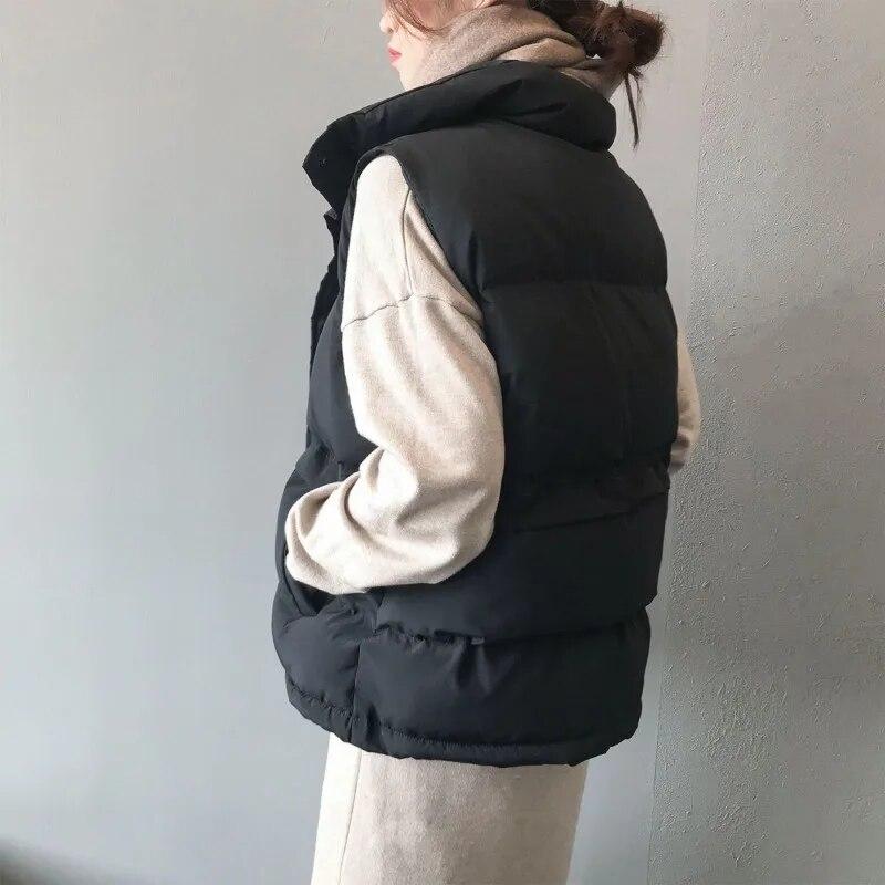 Off White Daunen-Baumwollweste für Damen, kurz, Stehkragen, ärmellos, warm, locker, einfarbig, einfach, lässig, Pendeln, Herbst und Winter