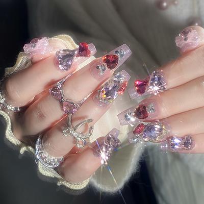 Coffin Press On Nails Long Square Fake Nails Glue On Nails with Rhinestones Designs Reusable False Acrylic Nails Full Cover Stick On Nail for Women