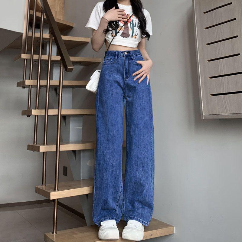 Women's High-Waist Black-Gray Wide-Leg Jeans: Trendy 2026 Straight-Leg, Floor-Length, Loose, Slimming Fit