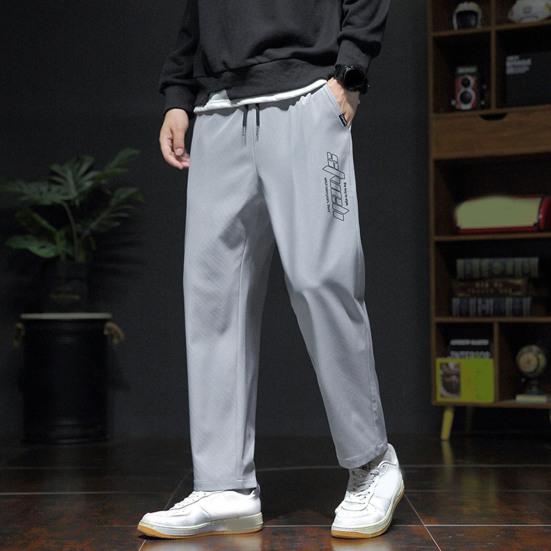 Men Spring Fall Pants with Side Pockets Drawstring Elastic Waist Wide Leg Thin Slacks Solid Color Loose Street Style Sport Trousers for Daily Wear