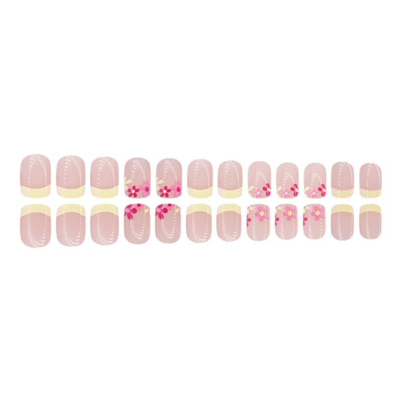Square Press On Nail Flower Fake Nail Glues On Nail Artificial Acrylic Nail 12 Size 24pcs Stick On Nail for Women Girls