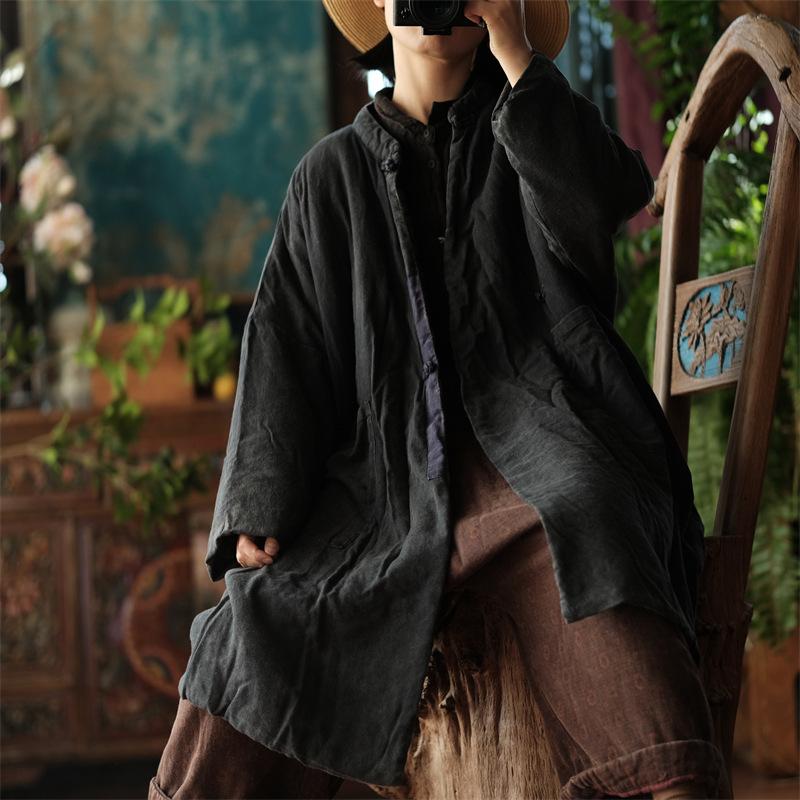 Johnature Linen Print Vintage Women Coats Chinese Style Spring Full Sleeve Loose Retro O-neck Cotton Warm Parkas Coats