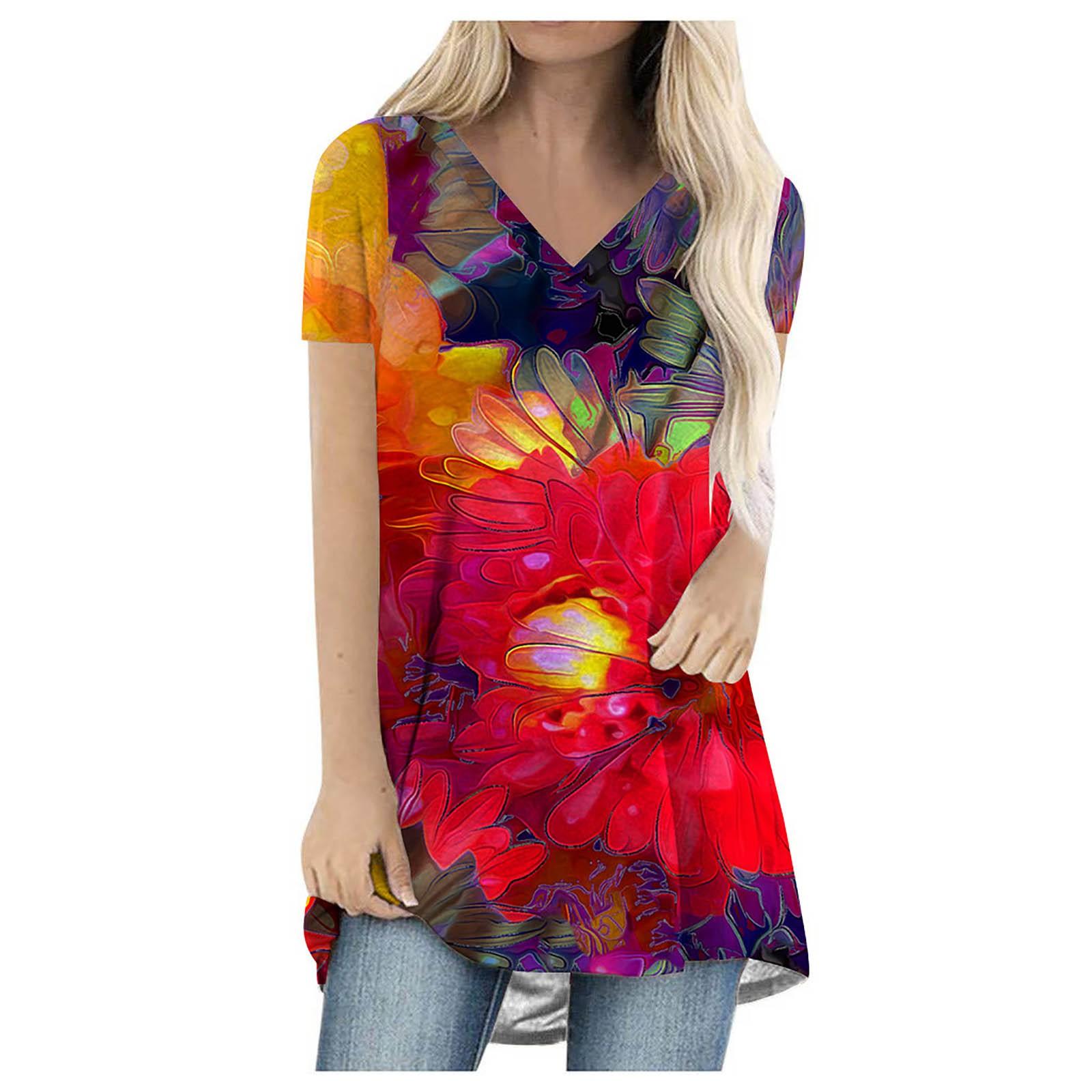 

(SU)Women s Fashion Casual Print V-neck Short Sleeves Printed T-shirt