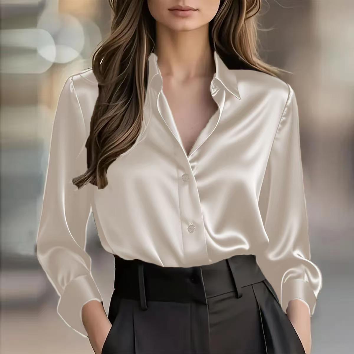 

Autumn 2025 Elegant Satin Long Sleeve Button-Down Women s Shirt Double Extra Large шампанского