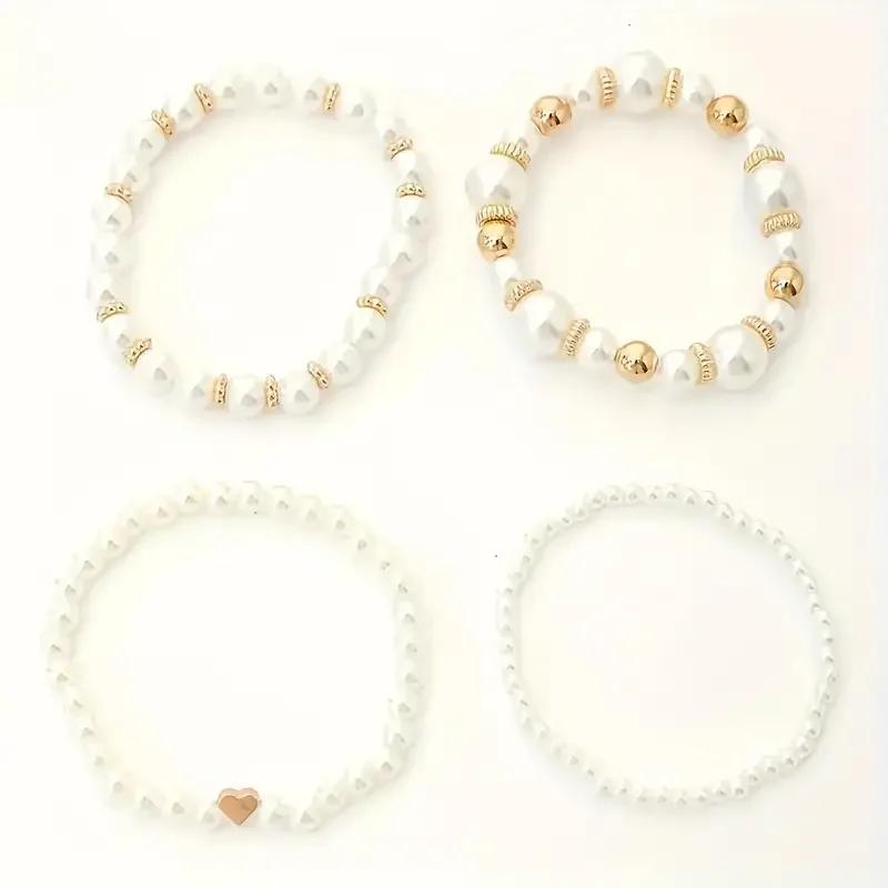 New 4 Pcs/Set Imitation Pearl Beaded Bracelets Set for Women Gold Color Heart Big Pearl Bracelet Trendy Jewelry Gifts
