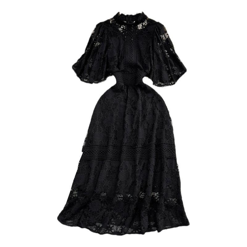 Fancy Accessible Luxury Graceful Puff Sleeve Stand-up Collar Cinched A- Line Cut Out Lace Dress Elegance Dress Long Skirt