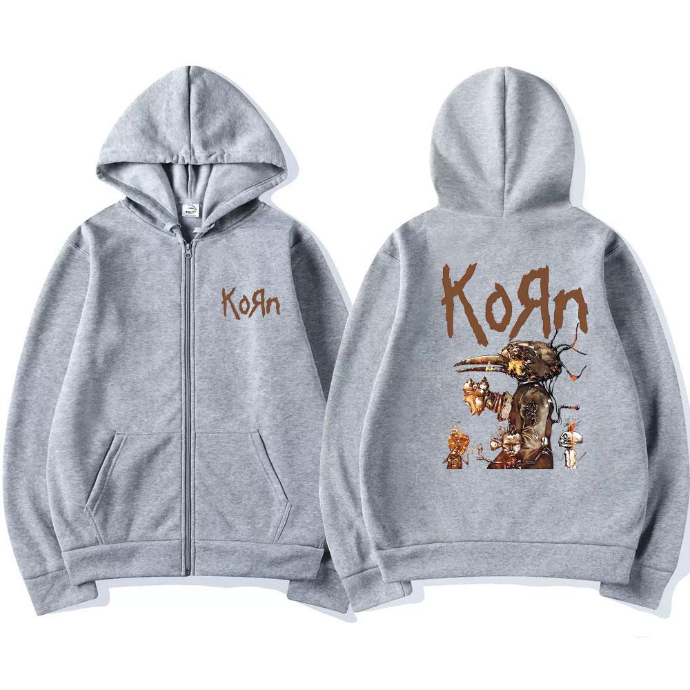 Vintage 90s Singer Rock Band Korn Grafische Rits Hoodie Streetwear Mannen Vrouwen Los Oversized Rits Hoodies Man Hip Hop Sweatshirt L gray