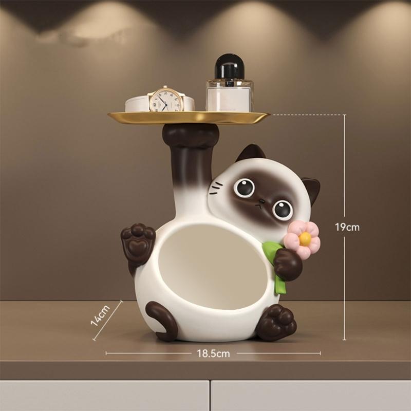 Multifunctional Resin Siamese Cats Statue Desktop Ornament for Key Storage Tray Decorative Display and Housewarming Gift