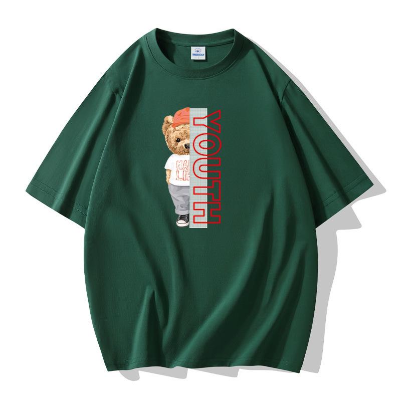 

Мужская хлопковая футболка с короткими рукавами и милым рисунком медведя, большой размер, свободная футболка S темно-зеленого