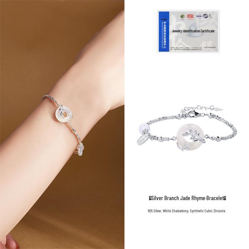 Bransoletka damska ze srebra próby S925 z białym chalcedonem i zapięciem zabezpieczającym - Ekskluzywna biżuteria wysokiej klasy, Idealna na prezent na Qixi Walentynki