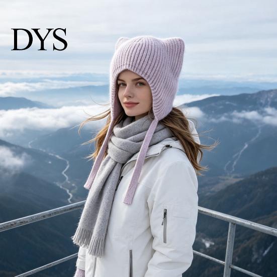 Warm Knitted Hat for Women Cat Ear Hat, Flap Cute Foldable Cold Weather Winter Brimless Skiing Hiking Outdoor Casual Wear Lightweight Breathable Knit