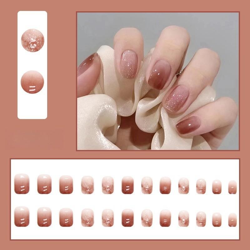 24 Piece Set of Short Wearing Armor Simple Jumping Color Ice Transparent Red Brown Nail Art Gradient Whitening Style