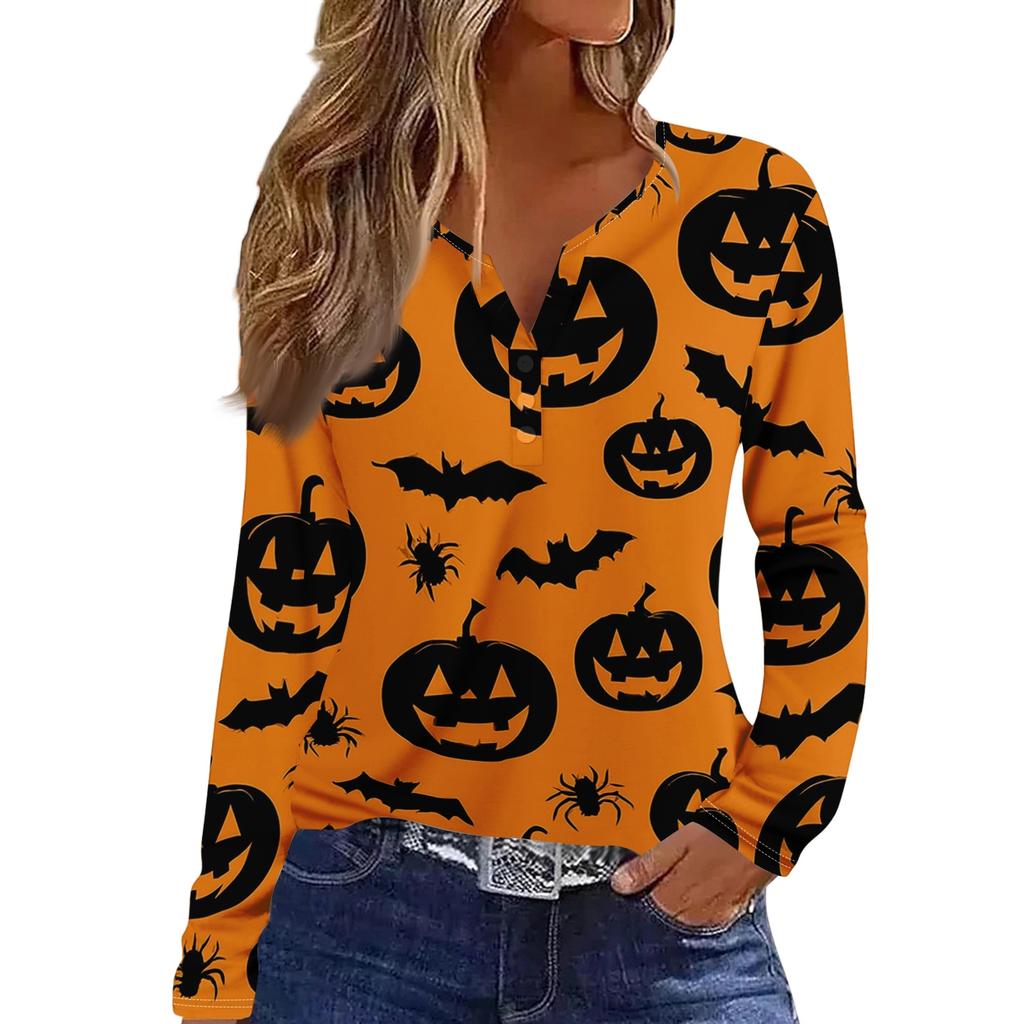Women's Halloween Print V-Neck Long Sleeve T-Shirt with Button for Casual Holiday Wear