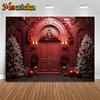 Mocsicka Christmas Red Door Background For Photography Xmas Tree Adult Kids Children Backdrop Banner Decoration Studio Photozone
