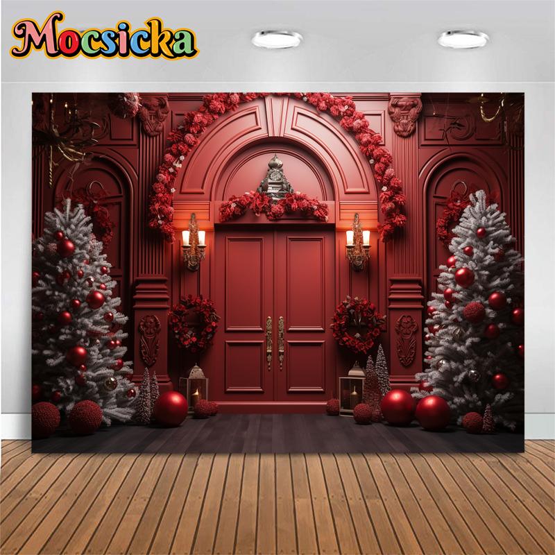Mocsicka Christmas Red Door Background For Photography Xmas Tree Adult Kids Children Backdrop Banner Decoration Studio Photozone