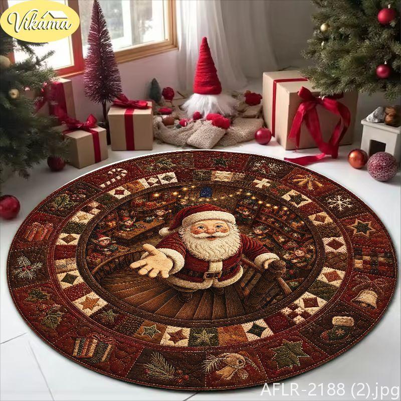 3D Visual Deep-Pile Santa Claus Rug, Retro Patchwork Washable Non-Slip Living Room Carpet, Christmas Home Decor, Xmas Gift Idea