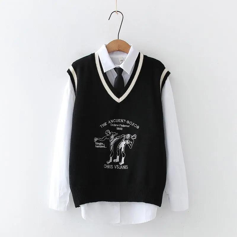 

Лесной вязаный жилет, женская свободная куртка без рукавов и свитер, жилет с вышивкой L чёрный