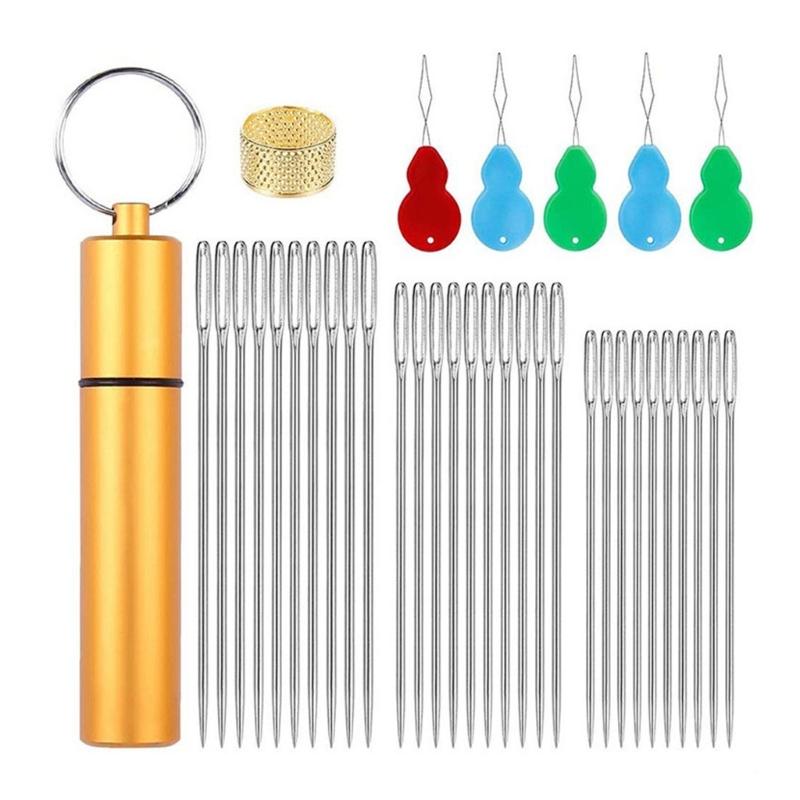 30Pcs Large Eye Sewing Needle Set With Metal Thimble Threader Portable Sewing Tool For Clothing Repair Home Travel Use