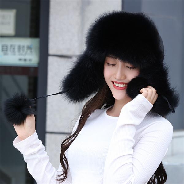New 100% Real Fox Fur Hats Women's Russian Ushanka Aviator Trapper Snow Skiing Hat Caps  Winter Raccoon Fur Bomber Hat
