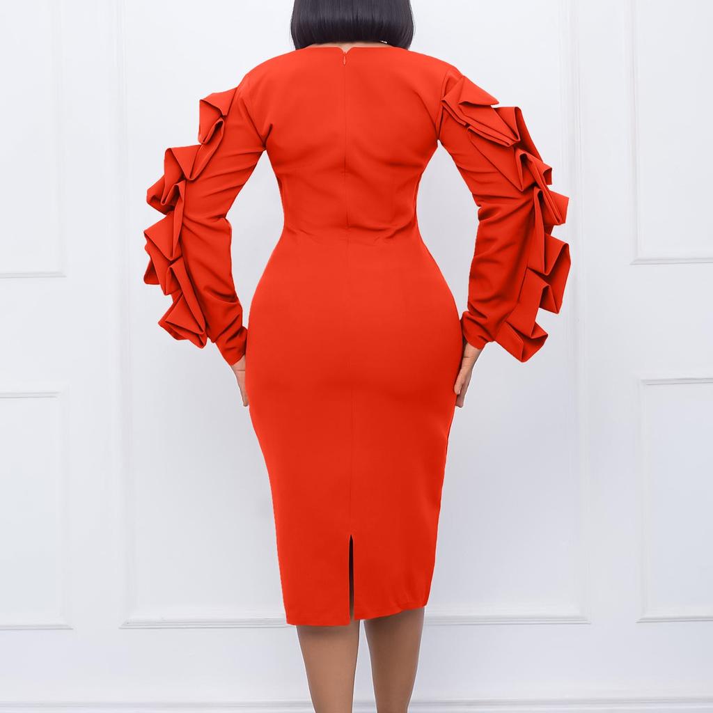 Long Sleeve Bodycon Dress Women Ruffles Sleeve Solid O Neck Package Hips Mid Calf Dress Clothes Robe