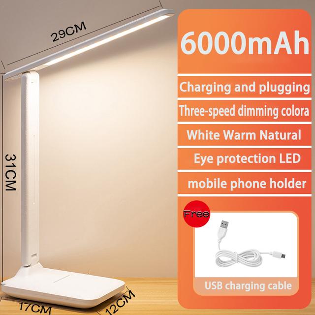 6000mAh Chargeable LED Table Lamp USB 3 Color Stepless Dimmable Desk Lamp Touch Foldable Eye Protection Reading Night Light