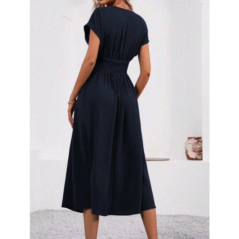 New Women's Elegant Solid Color Batwing Sleeve Maxi Dress, Overlap V-Neck Waist Pleated Long Dress for Summer Casual & Formal Occasions