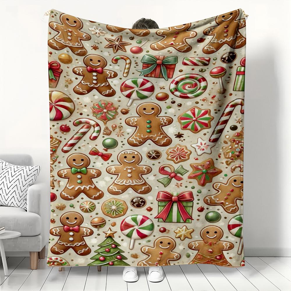Christmas Gingerbread Man & Candy Pattern Fleece Blanket, Festive Winter Holiday Throw Blanket with Cookies for Couch Bed