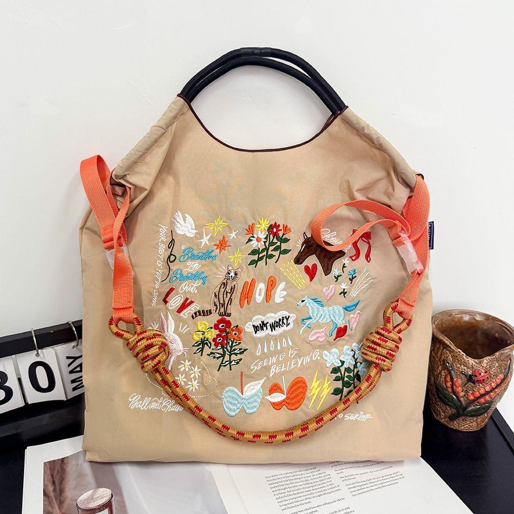 Large Capacity Embroidered Eco Nylon Shopping Tote - Versatile Shoulder/Handheld/Crossbody Bag