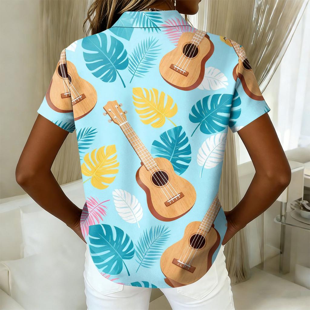 Women's Shirt Hawaiian Print Button Short Sleeved Pocket Casual Top