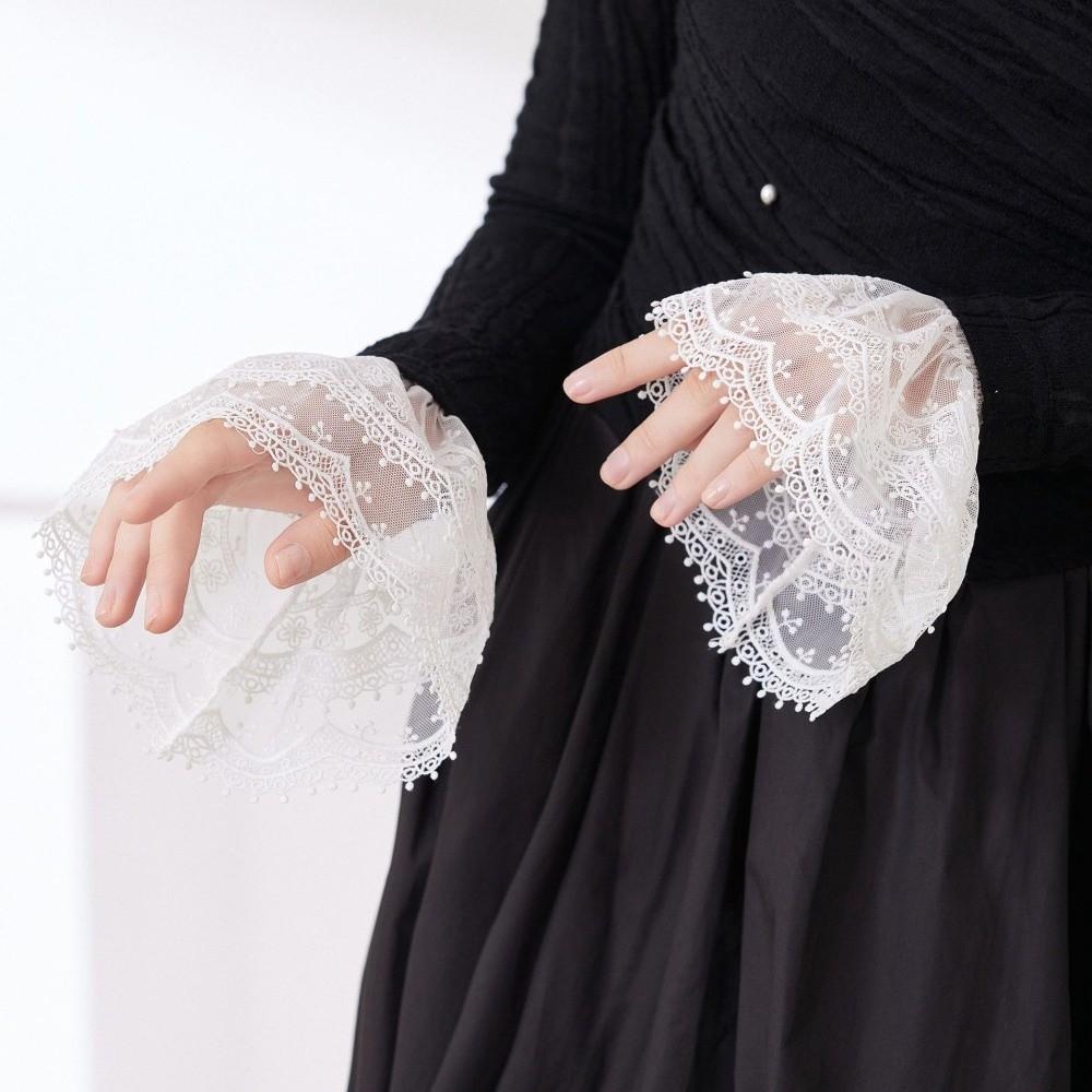 1pair Sweet Mesh Lace Wrist Horn Cuffs Layered Ruffle Detachable Fake Sleeves Elastic Sweater Decoration